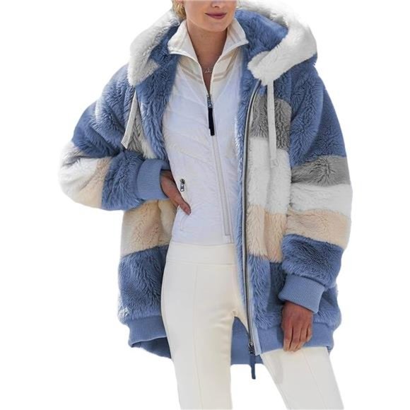 Womens Fuzzy Fleece Jacket Hooded Block Patchwork Cardigan Coats